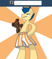Size: 1024x1154 | Tagged: safe, artist:shadowkixx, oc, oc:sunray smiles, species:earth pony, species:pony, ask, ask sunray smiles, bipedal, boxers, clothing, male, solo, stallion, teddy bear, tumblr, underwear