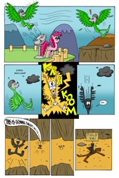 Size: 730x1095 | Tagged: safe, artist:cartoon-eric, character:pinkie pie, oc, oc:fred wolfbane, species:pony, comic:pink. it's what's for dinner, bird costume, canyon, comic, dark cloud, falling, fan, hole, impact silhouette, lightning, roasted, sign