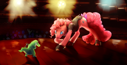 Size: 946x486 | Tagged: safe, artist:explosivegent, artist:noel, character:gummy, character:pinkie pie, species:earth pony, species:pony, bow, bowing, clothing, dapper, female, hat, mare, no pupils, stage, tail bow, top hat
