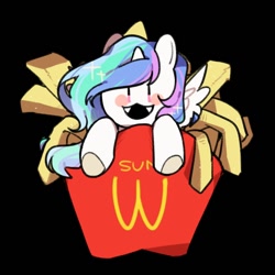 Size: 700x700 | Tagged: safe, artist:snowillusory, character:princess celestia, species:alicorn, species:pony, black background, chibi, cute, cute little fangs, fangs, female, food, french fries, simple background, solo, tiny, tiny ponies