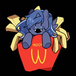 Size: 700x700 | Tagged: safe, artist:snowillusory, character:princess luna, species:alicorn, species:pony, black background, chibi, cute, cute little fangs, fangs, female, food, french fries, simple background, solo, tiny, tiny ponies