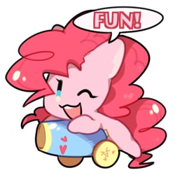 Size: 512x512 | Tagged: safe, artist:snowillusory, part of a set, character:pinkie pie, species:earth pony, species:pony, :3, cute, dialogue, diapinkes, female, fun, one eye closed, one word, open mouth, party cannon, solo, speech bubble, wink