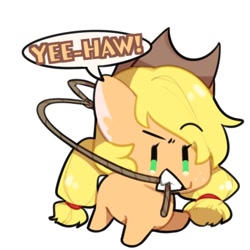 Size: 512x512 | Tagged: safe, artist:snowillusory, part of a set, character:applejack, species:earth pony, species:pony, chibi, clothing, cowboy hat, female, hat, lasso, mare, mouth hold, rope, simple background, white background, yeehaw
