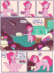 Size: 3109x4172 | Tagged: safe, artist:fatfurparadise, part of a set, character:pinkie pie, bipedal, cake, candy, comic, cupcake, female, food, sequence, solo, sugarcube corner, sweets, this will end in weight gain