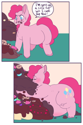 Size: 3000x4516 | Tagged: safe, artist:fatfurparadise, part of a set, character:pinkie pie, cake, comic, cupcake, fat, female, food, large belly, large butt, messy, messy eating, obese, piggy pie, pudgy pie, solo, weight gain