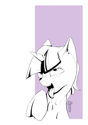 Size: 2480x3496 | Tagged: safe, artist:madgehog, character:twilight sparkle, species:pony, species:unicorn, black and white, female, grayscale, lineart, mare, monochrome, open mouth, tongue out
