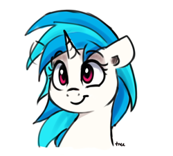 Size: 688x620 | Tagged: safe, artist:thefloatingtree, character:dj pon-3, character:vinyl scratch, species:pony, species:unicorn, bust, cute, female, glasses off, mare, missing accessory, portrait, simple background, smiling, solo, three quarter view, vinylbetes, white background