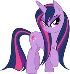 Size: 1018x1080 | Tagged: safe, artist:iknowpony, character:twilight sparkle, character:twilight sparkle (unicorn), species:pony, species:unicorn, .svg available, alternate hairstyle, bedroom eyes, female, looking at you, mare, raised hoof, simple background, smiling, solo, transparent background, vector, wet mane