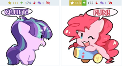 Size: 598x336 | Tagged: safe, artist:snowillusory, edit, part of a set, character:pinkie pie, character:starlight glimmer, species:earth pony, species:pony, derpibooru, :3, cute, dialogue, diapinkes, female, fun, juxtaposition, meta, one eye closed, one word, open mouth, party cannon, quiet, s5 starlight, solo, speech bubble, wink