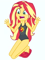 Size: 1536x2048 | Tagged: safe, artist:draymanor57, derpibooru original, character:sunset shimmer, g4, my little pony: equestria girls, my little pony:equestria girls, clothing, female, heel pop, one-piece swimsuit, slippers, solo, swimsuit, swimsuit edit, vector