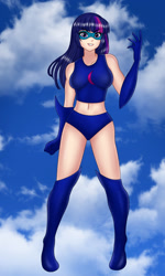 Size: 935x1559 | Tagged: safe, artist:anonix123, character:twilight sparkle, species:human, my little pony:equestria girls, belly button, breasts, busty twilight sparkle, clothing, cloud, female, flying, human coloration, magic gaia, solo, spark moon, superhero