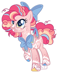 Size: 1183x1482 | Tagged: safe, artist:owl-clockwork, character:pinkie pie, species:earth pony, species:pony, alternate design, bow, dappled, female, hair bow, mare, multicolored iris, neck bow, solo, unshorn fetlocks