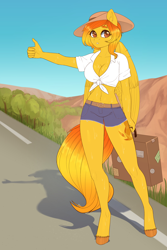 Size: 3056x4584 | Tagged: safe, artist:pewas, oc, oc only, oc:firetale, species:anthro, species:pegasus, species:pony, species:unguligrade anthro, anthro oc, belly button, breasts, cleavage, clothing, denim shorts, female, front knot midriff, hat, hitchhiking, long hair, long tail, mare, midriff, road, shirt, shorts, solo, street, sweat, this will end in rape, this wont end well