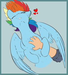 Size: 2000x2200 | Tagged: safe, artist:cold blight, edit, character:rainbow dash, species:human, species:pegasus, species:pony, behaving like a dog, belly button, bellyrubs, blue background, blushing, chest fluff, cute, dashabetes, eyebrows, eyes closed, female, floppy ears, grin, hand, heart, human on pony petting, lip bite, mare, on back, petting, scratching, simple background, sleeping, smiling, solo focus, spoken heart, spread wings, waking up, wing fluff, wings