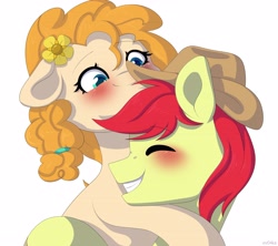 Size: 4096x3641 | Tagged: safe, artist:ev04kaa, rcf community, character:bright mac, character:pear butter, species:earth pony, species:pony, ship:brightbutter, episode:the perfect pear, g4, my little pony: friendship is magic, blushing, brightabetes, clothing, cute, eyes closed, female, floppy ears, hat, hug, male, mare, pearabetes, shipping, simple background, smiling, stallion, straight, white background