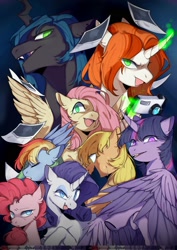 Size: 1476x2085 | Tagged: safe, artist:snowillusory, character:crackle cosette, character:fluttershy, character:mean applejack, character:mean fluttershy, character:mean pinkie pie, character:mean rainbow dash, character:mean rarity, character:mean twilight sparkle, character:queen chrysalis, character:rainbow dash, species:alicorn, species:changeling, species:earth pony, species:pegasus, species:pony, species:unicorn, episode:the mean 6, g4, my little pony: friendship is magic, black background, camera, changeling queen, clone, clone six, disguise, disguised changeling, female, gesugao, glowing horn, horn, magic, mare, simple background, telekinesis