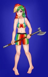 Size: 711x1123 | Tagged: safe, artist:anonix123, character:rainbow dash, species:human, anime, axe, battle axe, belly button, blue background, boyshorts, bra, breasts, busty rainbow dash, clothing, female, ghost n goblins, humanized, panties, rainbow underwear, simple background, solo, underwear, weapon