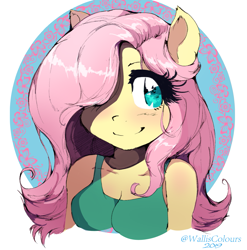 Size: 1275x1291 | Tagged: safe, artist:willisninety-six, character:fluttershy, species:anthro, g4, ambiguous facial structure, bust, clothing, cute, female, hair over one eye, mare, shyabetes, signature, smiling, solo
