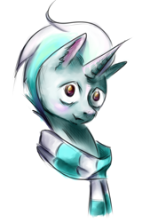 Size: 1841x2879 | Tagged: safe, artist:coco-drillo, oc, oc only, oc:froster dune, species:pony, species:unicorn, brown eyes, bust, clothing, looking at you, male, nervous grin, no pupils, scarf, simple background, solo, stallion, white background