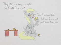 Size: 3264x2448 | Tagged: safe, artist:don2602, character:derpy hooves, species:pegasus, species:pony, amy winehouse, crumbs, female, food, holding, muffin, open mouth, rehab, shivering, sitting, solo, song reference, table, traditional art