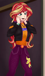 Size: 871x1446 | Tagged: safe, artist:anonix123, character:sunset shimmer, species:human, episode:how to backstage, g4, my little pony: equestria girls, my little pony:equestria girls, spoiler:eqg series (season 2), clothing, cutie mark on clothes, excited, female, music festival outfit, pants, solo