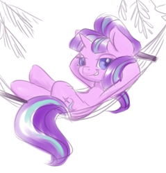 Size: 1900x1984 | Tagged: safe, artist:kovoranu, character:starlight glimmer, species:pony, species:unicorn, female, grin, hammock, lying on bed, mare, s5 starlight, smiling, solo, welcome home twilight