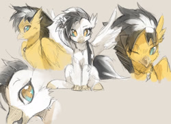 Size: 2200x1600 | Tagged: safe, artist:alts-art, oc, oc only, oc:ivory squall, oc:mellow breeze, species:hippogriff, brother and sister, colored hooves, duo, female, hippogriff oc, looking at you, male, siblings, tan background, unshorn fetlocks