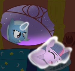 Size: 850x800 | Tagged: safe, artist:nicktoonhero, character:trixie, character:twilight sparkle, species:pony, species:unicorn, bed, duo, duo female, female, golden oaks library, grin, mare, night, nightmare, slasher smile, sleeping, smiling, twilight unbound