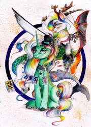 Size: 1024x1429 | Tagged: safe, artist:lailyren, artist:moonlight-ki, oc, oc only, oc:fortune, species:draconequus, species:pony, species:unicorn, commission, draconequus oc, fanfic art, hybrid, luck, mixed media, original art, tarot card, traditional art, watercolor painting, wheel of fortune, writer:malvagio