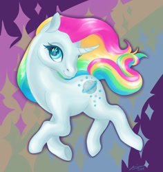 Size: 1700x1800 | Tagged: safe, artist:creeate97, character:moonstone, species:pony, species:unicorn, g1, abstract background, female, mare, moonstone, rainbow hair, solo, starry eyes, wingding eyes