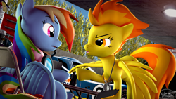 Size: 3840x2160 | Tagged: safe, artist:whiteskyline, character:rainbow dash, character:spitfire, species:pegasus, species:pony, 3d, binoculars, ford gt, ford gt le mans, looking at each other, radio, signature, source filmmaker, table, tires, toolbox, wonderbolts