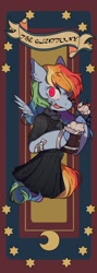 Size: 728x2048 | Tagged: safe, artist:snowillusory, part of a set, character:rainbow dash, species:pegasus, species:pony, apple cider (drink), clothing, cupcake, dress, ear piercing, female, floating wings, food, gluttony, licking, licking lips, piercing, semi-anthro, seven deadly sins, solo, tongue out, wings