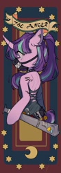 Size: 728x2048 | Tagged: safe, artist:snowillusory, part of a set, character:starlight glimmer, species:pony, species:unicorn, angry, baseball bat, choker, clothing, dress, ear piercing, female, mask, piercing, semi-anthro, seven deadly sins, solo, spiked choker, tattoo, weapon, wing tattoo
