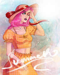 Size: 1024x1280 | Tagged: safe, artist:minamikoboyasy, character:fluttershy, species:human, belly button, clothing, hat, humanized, jewelry, lipstick, necklace, one eye closed