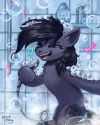 Size: 864x1080 | Tagged: safe, artist:amy-gamy, oc, oc only, oc:mir, species:pony, bipedal, chest fluff, commission, female, mare, shower, singing, singing in the shower, solo, ych result
