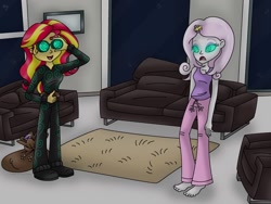 Size: 1024x768 | Tagged: safe, artist:lavenderrain24, character:fleur-de-lis, character:sunset shimmer, oc, oc:mez-mare-a, my little pony:equestria girls, barefoot, catsuit, clothing, feet, goggles, hypnosis, hypnotized, night, pajamas, power ponies oc, spirals, supervillain, swirly eyes, tank top, thief, villainess