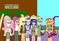 Size: 2670x1850 | Tagged: safe, artist:eli-j-brony, character:applejack, character:daring do, character:fluttershy, character:pinkie pie, character:rainbow dash, character:rarity, character:spike, character:spike (dog), character:sunset shimmer, character:twilight sparkle, character:twilight sparkle (scitwi), species:dog, species:eqg human, g4, my little pony: equestria girls, my little pony:equestria girls, breasts, clothing, crying, equestria land, hat, humane five, humane seven, humane six, indiana jack, messy hair, open mouth, pith helmet, scared