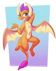 Size: 1008x1280 | Tagged: safe, artist:greenlinzerd, character:smolder, species:dragon, abstract background, arm behind head, armpits, bedroom eyes, belly button, cute, dragoness, female, flying, full body, looking at you, simple background, smiling, smolderbetes, solo