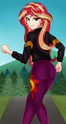 Size: 891x1670 | Tagged: safe, artist:anonix123, character:sunset shimmer, species:human, equestria girls:sunset's backstage pass, g4, my little pony: equestria girls, my little pony:equestria girls, spoiler:eqg series (season 2), ass, bunset shimmer, butt, clothing, female, human coloration, humanized, jacket, like what you see?, looking at you, looking back, looking back at you, pants, sexy, smiling, solo, stupid sexy sunset shimmer