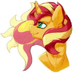 Size: 894x893 | Tagged: safe, artist:thatonegib, character:sunset shimmer, species:pony, species:unicorn, bust, cutie mark, cutie mark background, female, looking away, looking up, mare, multicolored hair, portrait, signature, simple background, smiling, solo, transparent background