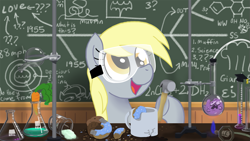 Size: 1023x576 | Tagged: safe, artist:zicygomar, character:derpy hooves, character:smooze, species:pegasus, species:pony, g1, back to the future, carrot, donut, female, goggles, hammer, laboratory, mare, muffin, science, this will end in tears, what is love