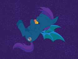 Size: 1032x774 | Tagged: safe, artist:cosmiceclipsed, oc, oc only, oc:stardust, oc:stardust(cosmiceclipse), species:bat pony, species:pony, bat pony oc, bat wings, cutie mark, ear fluff, fangs, floating, flying, food, happy, male, mango, membranous wings, purple background, relaxing, simple background, smiling, solo, stallion, vector, vector trace, wings