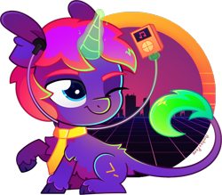 Size: 1426x1247 | Tagged: safe, artist:amberpone, oc, oc only, oc:rhythmic code, ponysona, species:pony, species:unicorn, big head, blue eyes, colorful, cute, digital art, earbuds, eyebrows, fluffy, horn, lighting, looking at something, magic, male, mp3 player, music, necktie, one eye closed, outrun, paint tool sai, purple, request, shading, simple background, sitting, smiling, stallion, synthwave, transparent background