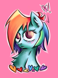 Size: 2236x2993 | Tagged: safe, artist:coco-drillo, character:rainbow dash, species:pegasus, species:pony, blushing, bust, chest fluff, colourful, cute, ear fluff, female, heart, love, portrait, solo, tomboy, tsundere, waifu