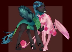 Size: 1053x759 | Tagged: safe, artist:bewarethemusicman, character:princess cadance, character:queen chrysalis, species:alicorn, species:changeling, species:pony, ship:cadalis, alternate design, alternate hairstyle, beautiful, changeling queen, chest fluff, cute, cutealis, cutedance, ear fluff, eyeshadow, female, happy, heart eyes, hug, infidelity, interspecies, lesbian, makeup, mare, nuzzling, redesign, shipping, smiling, wingding eyes