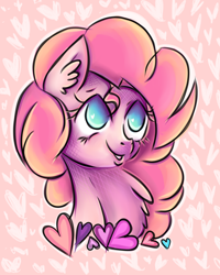 Size: 2404x3000 | Tagged: safe, artist:coco-drillo, character:pinkie pie, species:earth pony, species:pony, blue eyes, bust, chest fluff, colourful, curly mane, ear fluff, female, happy, heart, love, lovely, loving, pink fur, pink mane, portrait, solo, waifu