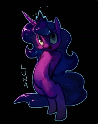 Size: 1092x1382 | Tagged: safe, artist:derekireba, character:princess luna, species:alicorn, species:pony, belly, bipedal, black background, cute, female, filly, hooves behind back, looking at you, mare, name, open mouth, outline, pixiv, simple background, smiling, solo, woona
