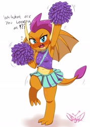 Size: 2480x3508 | Tagged: safe, artist:jeglegator, character:smolder, species:dragon, episode:2-4-6 greaaat, armpits, belly button, blushing, blushing profusely, cheerleader outfit, cheerleader smolder, clothing, cute, dragoness, female, implied perversion, midriff, miniskirt, moe, pleated skirt, skirt, smolderbetes, smoldere, solo, tsundere