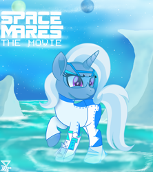 Size: 2000x2250 | Tagged: safe, artist:theretroart88, part of a set, character:trixie, species:pony, species:unicorn, arm cannon, clothing, fantasy, female, high res, ice, mare, movie accurate, part of a series, planet, raised hoof, solo, space mares, stars, water