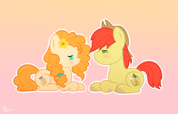Size: 1400x900 | Tagged: safe, artist:luminousdazzle, character:bright mac, character:pear butter, ship:brightbutter, episode:the perfect pear, g4, my little pony: friendship is magic, abstract background, blushing, chibi, female, looking at each other, male, prone, shipping, signature, straight